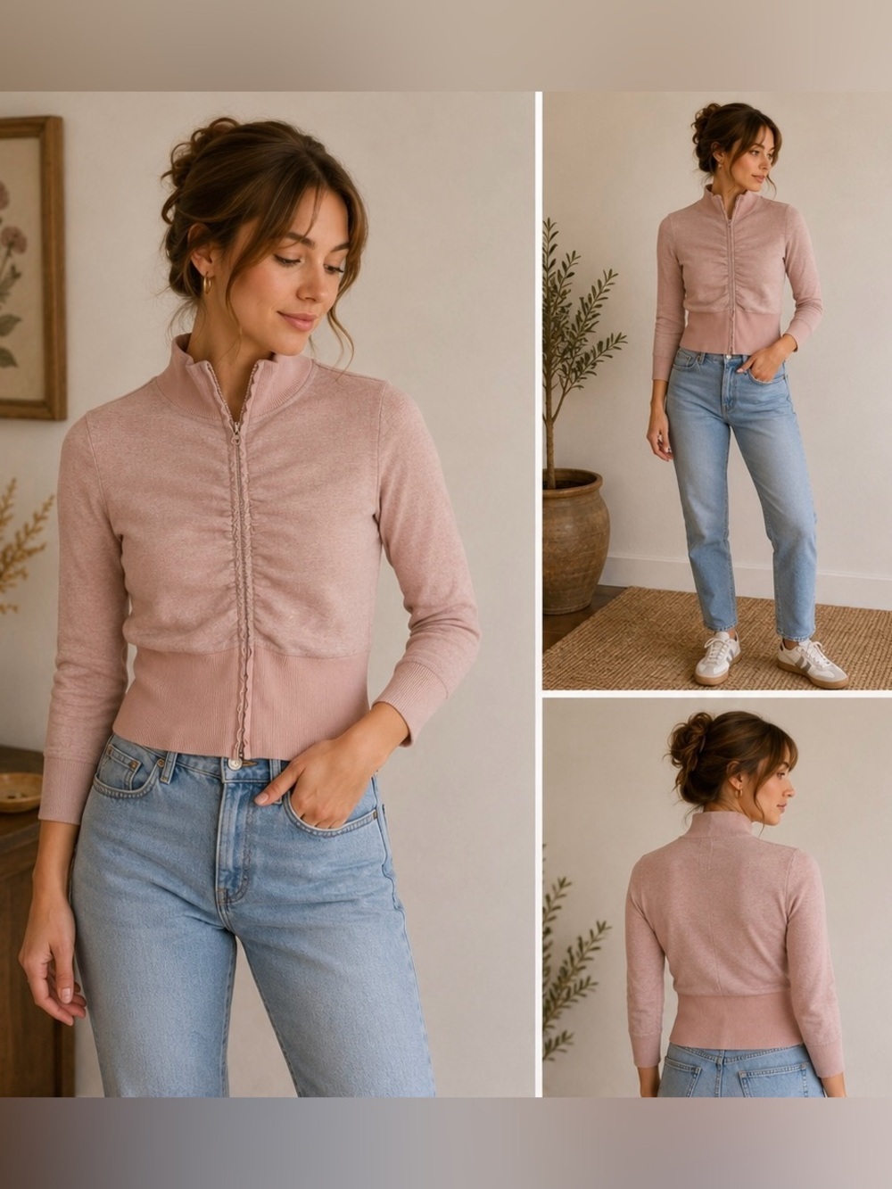 Dex Y2K Pink Ruched Zip-Up Mock-Neck Sweater - Size XS